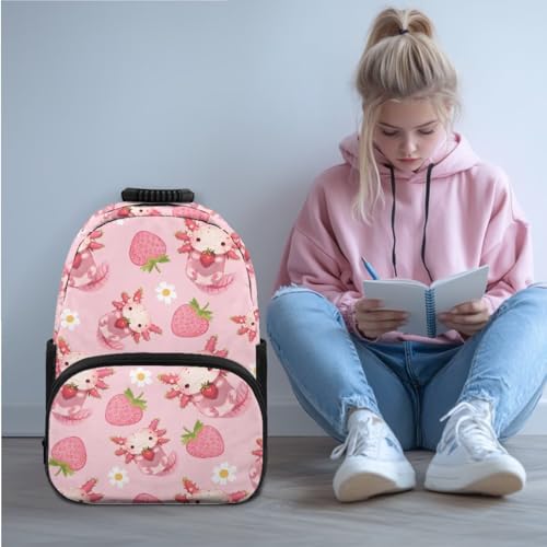Strawberry Backpack for Toddler Girls Floral Girls School Backpack Axolotl Bookbag for Kids with Lunch Box 3 Pcs for Primary School Travel Rucksack4