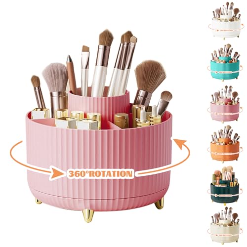 360° Rotating Makeup Organiser, Make Up Brush Holder with 5 Compartments, Desk Storage Container for Bedroom Dressing Table Cosmetics Organizer, Office Stationery Storage, Desktop Pen Holders (Pink)