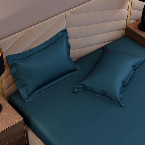 Image of Stoa Paris 350TC Luxstre Cotton Super King Fitted Bedding Set with 2 Pillow Covers, All-Around Elastic Fitted Bedsheet 183cm x 213cm + 30cm Drop, All Season Comfort, Breathable, Panache - Teal