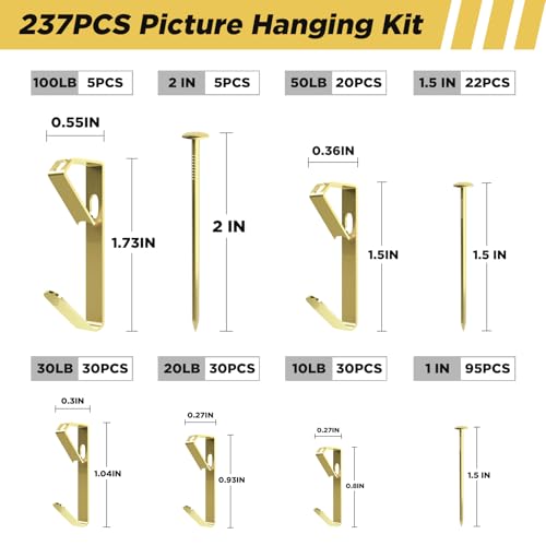 Image of Picture Hanging Hooks 237 Pieces,10LB 20LB 30LB 50LB 100LB Picture Hangers ,Nails Hanging Kit, Metal Picture Hangers for Drywall Wooden Wall,Gold