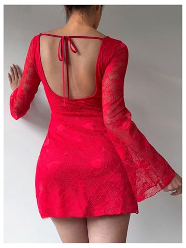 Image of SOLY HUX Women's Lace Mini Dress Tie Backless Bell Long Sleeve Crew Neck Bodycon Dresses