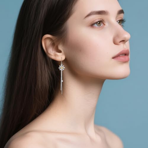 Daisy Earrings Sterling Silver Two Tone Flower Threader Tassel Dangles Jewelry Gifts for Women4