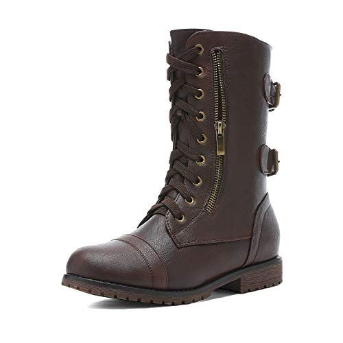 DREAM PAIRS Women's Mid Calf Built-in Wallet Pocket Lace up Military Combat Boots 5 Brown