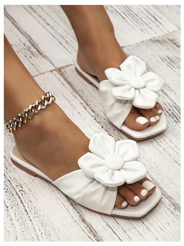GORGLITTER Women's Flower Flat Wedding Sandals Cute Square Toe Trendy 2025 Summer Comfortable Slide2