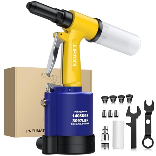 JUSTOOL Heavy Duty Pneumatic Rivet Gun 3097LBF Air Rivet Gun Set-3/32 1/8 5/32 3/16 Air Riveter with NPT 1/4 inch Air Hydraulic Riveter for Automotive Construction Maintenance Industries & DIY