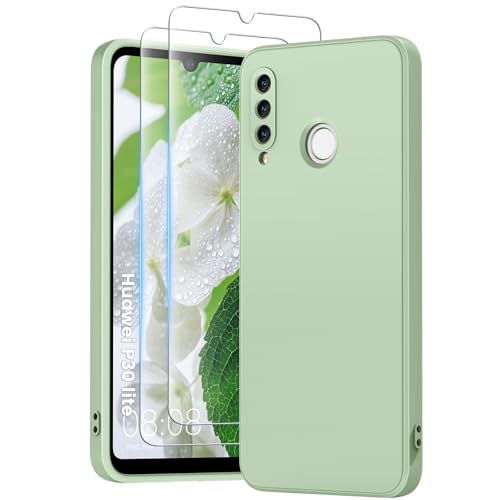 PuyaTeya 3 in 1 Hülle für huawei p30 Lite mit 2 Stück 9H Panzerglas Liquid Silikon Hülle mit 4-Layer stoßfeste abriebfestes Soft Mikrofaserfutter Kratzfes Schutzhülle für huawei p30 Lite (hellgrün)