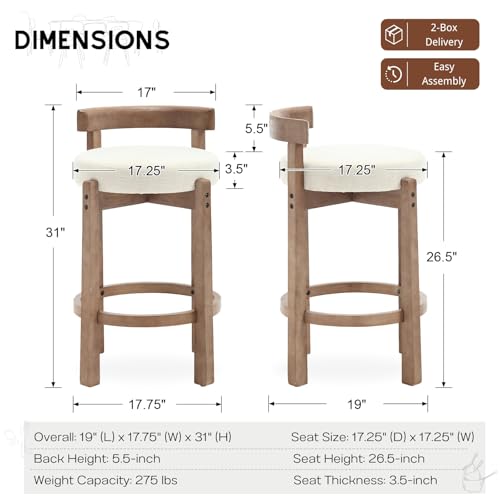 Image of CIMOTA 26.5 inch Counter Height Bar Stools Set of 4 | Mid Century Modern Low Back Bar Chairs with Solid Wood Legs & Linen Upholstered Seat, Kitchen Island Stools, Beige