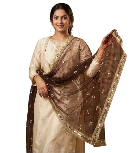 Image of Navti Creations Women's Lightweight Net Dupatta With Sequence Embroidery & Kiran Border (Length 2.25m)
