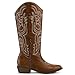 mysoft Women's Cowboy Boots Mid Calf Cowgirl Embroidered Western Pointed Toe Chunky Heel Pull On Knee High Boots