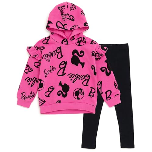 Barbie Conjunto de ropa de forro polar con capucha y leggings, para niñas pequeñas y grandes, Rosa/Negro, 7-8
