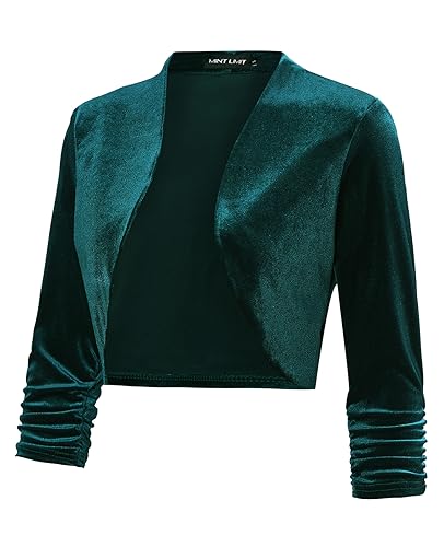MINTLIMIT Women's Velvet Bolero Shrugs for Dresses Ruched 3/4 Sleeve Open Front Cocktail Party Cropped Cardigan2