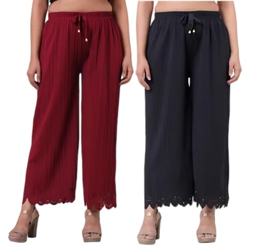 Women's Elasticated Waist Full Length Pleated Flared Palazzo Combo Pack-image-0