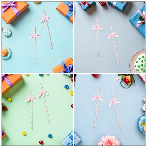 Pitillos desechables de papel rosa con moño creativo miniatura 3
