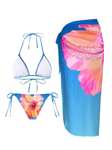 Image of ZAFUL Women's 3 Piece Swimsuit Floral Halter Triangle String Bikini Tie Side Bottom with Boho Cover Up Skirt
