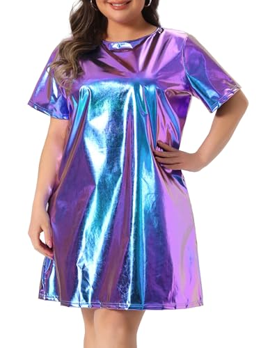 Image of Agnes Orinda Plus Size Dress for Women Metallic Round Neck Short Sleeve Party Clubwear Loose Mini T-Shirt Dress
