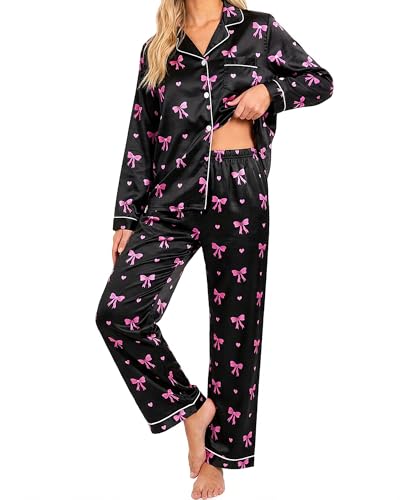 Silk Satin Pajamas Set for Women Long Sleeve Sleepwear Button Down 2 Piece Pjs Sets Long Pants Womens Silky Lounge Set Silk Pj Ladies Black Bow Pajama Women's Cute Soft Lightweight Loungewear L