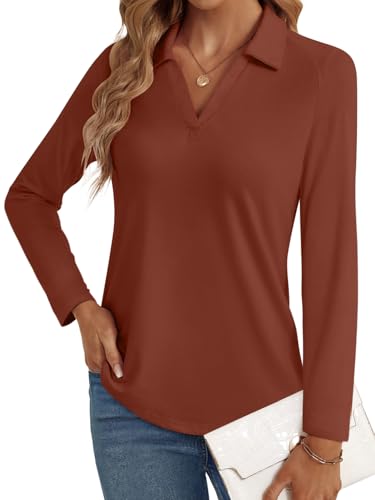LYHIPSS 3/4 Length Sleeve Womens Tops Dressy Casual V Neck Polo Shirts Business Work Blouses 2025 Trendy Tunic Top, Long Sleeve Maple, X-Large