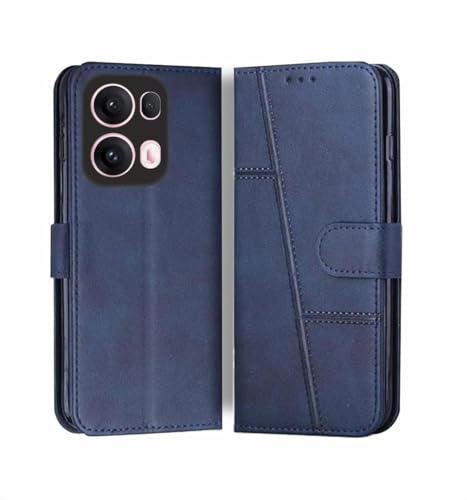 Image of Oppo Reno 13 Pro 5G Flip Cover Leather Finish | Inside TPU with Card Pockets | Wallet Stand | Complete Protection Flip Case Blue