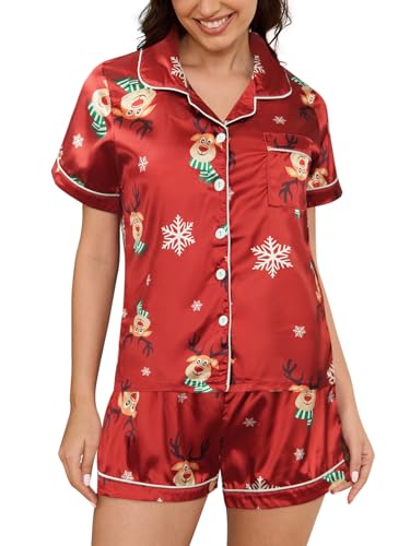 MyFav Womens Christmas Print Pyjamas Set Contrast Piping Satin Silk Button Down Top and Shorts Sleepwear Xmas Party Nightwear,Red Deer,XL