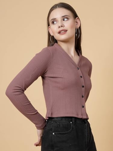 Image of Rigo Casual Wear V Neck Rib Knit Top for Women | Slim Fit Long Sleeves Western Tops for Women