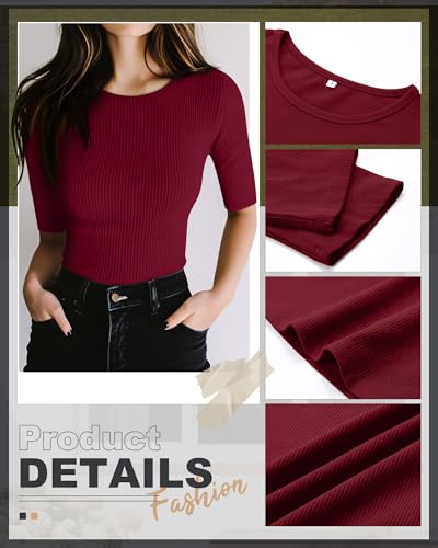 Riyiper 3 Pack Women's Half Sleeve Tops, Elbow Length Ribbed Cotton T Shirt Crew Neck Summer Tee Slim Fit Casual Blouses3