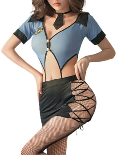 ROSVAJFY Disfraz de policía sexy para mujer, disfraz de policía, cosplay, babydoll lencería, vestido con medias, uniforme de juego de rol, anime, ropa interior traviesa de malla transparente, disfraz