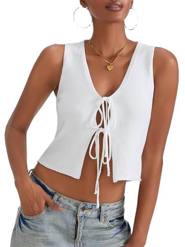 Image of Women Knit Vest Top Tie Front Tank Top V Neck Sleeveless Crochet Top Vintage Summer Going Out Streetwear(White,M), Medium