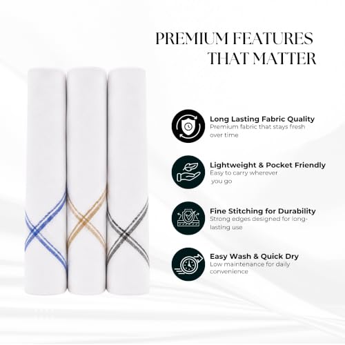 Image of Men's White Cotton Handkerchiefs | Soft & Sweat Absorbent Hankies for Men & Boys | Daily Use Rumal for Office, Travel & Everyday Use | Size 50 x 50 cm | Pack of 3