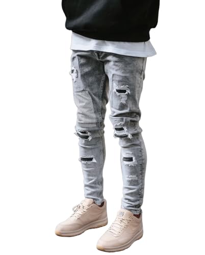 Stretch Jeans for Men Slim Fit Mid Rise Patch Ripped Distressed Skinny Jeans Tapered Casual Denim Pants