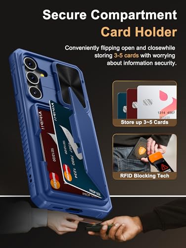 Image of Vihibii PC,Silicone For Samsung Galaxy S24 FE Wallet Back Cover With Card Holder(4 Cards)[RFID Blocking] & Slide Camera Cover & Raised Edges Protect,Shockproof Rugged Case 6.7 inch 2024,Blue