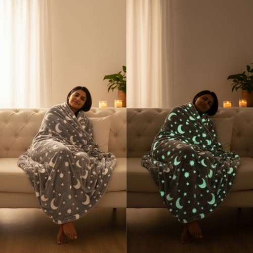 Image of Famyo GlowMaxx AC Blanket for Adults, Glow in the Dark Soft Flannel Blanket | 200x152 cm Double Bed Size | Lightweight Summer Blanket for AC Rooms, Lab-Tested & Skin-Friendly (200x152 cm) (Grey)