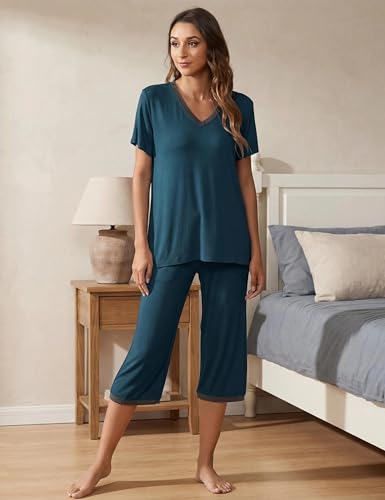 Image of JINSHI Women's Pajamas Set Short Sleeve Top and Capri Pants Lightweight Sleepwear Comfy Pjs Lounge Set with Pockets