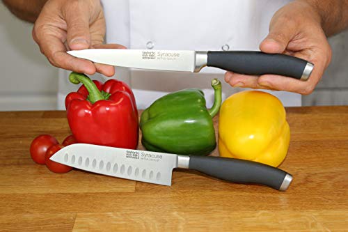 Taylors Eye Witness Syracuse Asian Kitchen Knife Set - Chefs Santoku 13cm/5” & Cooks All Purpose 13cm/5” Cutting Edge, Multi Use. Ultra Fine, Razor Sharp Blade. Soft Textured Grip Matte Black Handle. - Image 5