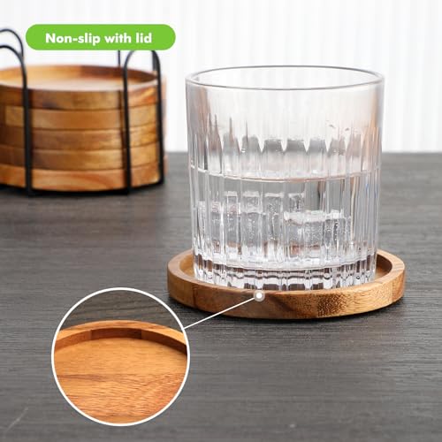 WLWNWFT Round Wooden Coasters for Glasses Set of 6, Acacia Wood Coasters with Holder, Glass Coasters for Drinks Bar, Cups, Glass - Image 2