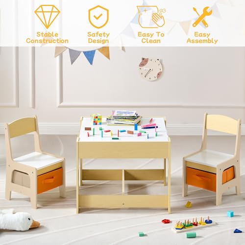 DOREROOM Kids Table and Chair Set, 3 in 1 Wooden Activity Table with Detachable Tabletop, Toddler Table and Chair Set with Storage Drawer, Kids Play Table for Children Art, Craft, Eating, Learning