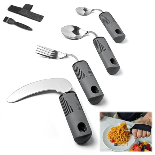 Kongming Parkinson Besteck Edelstahl mit Befestigungsband, 4 Teiliges Adjustable Adaptive Besteck Set Griffverdickung Easy Grip Besteckset für...