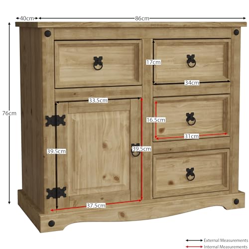 Vida Designs Corona Aparador 1 Puerta 4 Cajones Madera de Pino Macizo 76x86x40cm Mueble Salón - imagen 3