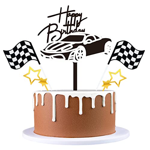 Weenkeey 5 pièces acrylique auto cake topper Racing happy birthday cake topper thème course chevaux Cupcake topper avec étoile carré drapeau gâteau choisir décoration fête d'anniversaire - argent