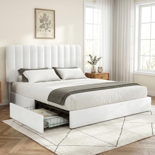 Image of VECELO Full Size Upholstered Bed Frame with 4 Drawers and Headboard, Velvet Platform Storage Bedframe, Wooden Slats Support, No Box Spring Needed,White