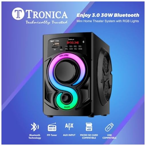 TRONICA Enjoy 3.0 30W Bluetooth Mini Home Theater System with RGB Lights,All Function Remote,PenDrive/FM/AUX/Smart TV Compatible