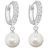 MYA art Damen Ohrringe 925 Silber Hängend mit Perlen Anhänger Swarovski Elements Strass Kristall Creolen 10mm Weiß Brautschmuck Tropfen-Form