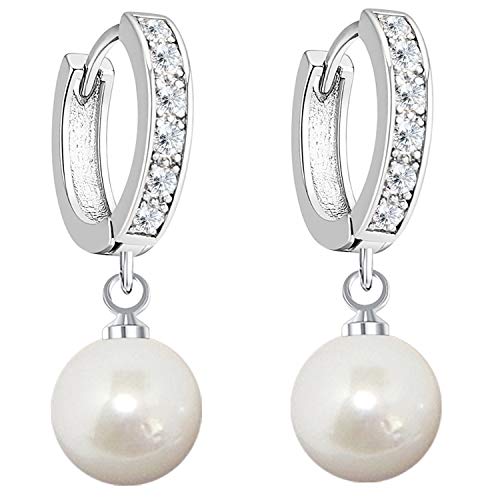 MYA art Damen Ohrringe 925 Silber Hängend mit Perlen Anhänger Swarovski Elements Strass Kristall Creolen 10mm Weiß Brautschmuck Tropfen-Form Cover