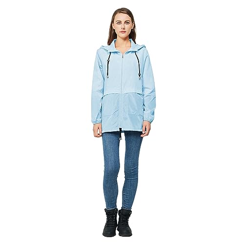 YEABEDA Women-Rain Jacket-Hood Waterproof-Lightweight Windbreak-Packable — Cute RainCoats Travel Polka Dot Ladies With Pouch (X-Large, LightBlue)