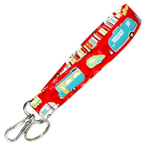 Camping Key Fob Strap - Camper Keychain - Red With Retro Campers - RV Camping Gift- 1 x 6 Inch Loop - Cute Purse or Wallet Strap - Handmade by Green Acorn Kitchen