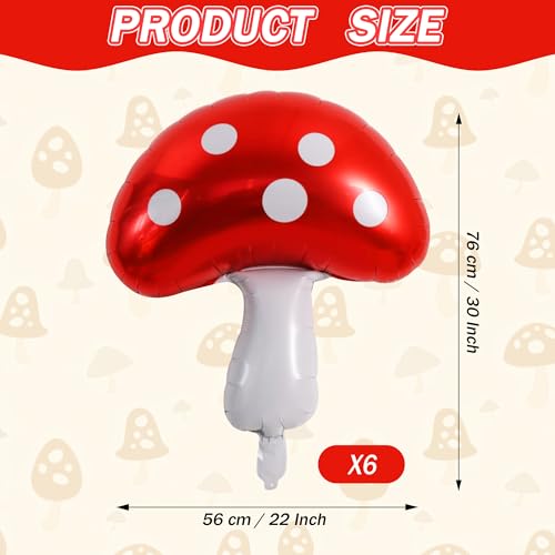 Image of Vuzvuv 30 Inches Red Foil Mushroom Balloons, Video Game Mushrooms Party Decoration for Birthday, Theme Parties, Spring Holiday Picnic, Forest Plant Theme Decor(6 Pcs)