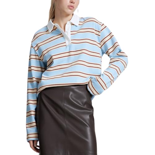 Women Striped Rugby Shirts Vintage Oversized Long Sleeve Collared Polo Shirt Y2k Button Up Pullover Sweatshirt Top