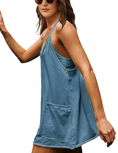 Image of Lentta Womens Athletic Sleeveless Mini Dress with Built-in Shorts V Neck Spaghetti Strap Sundress