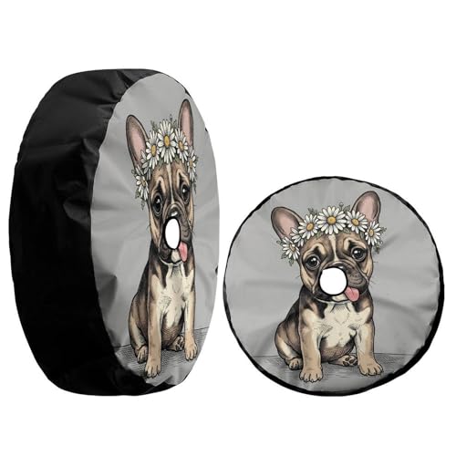 Image of Delerain Spare Tire Cover with Backup Camera Hole French Bulldog with Daisy Wheel Covers Waterproof Dust-Proof UV Sun Universal Fit for Jeep Trailer RV SUV Truck (18 Inch for Diameter 32 inch-34 inch)