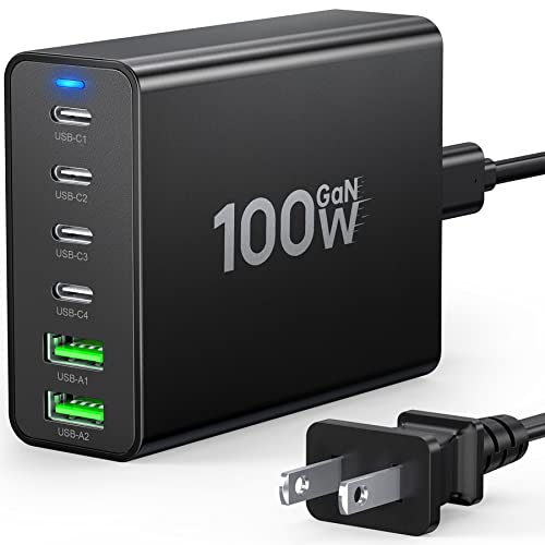 USB C Fast Charger 100W GaN Compact Charging Station 6 Port USB Type C Charging Block Hub Power...
