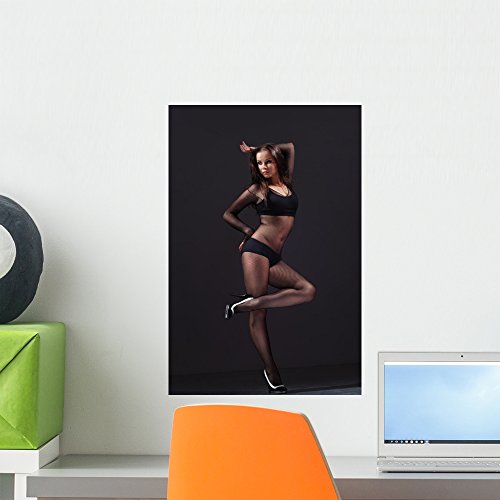 Wallmonkeys Cute Young Female in Lingerie Posing on a Dark Background Wall Decal Peel and Stick...